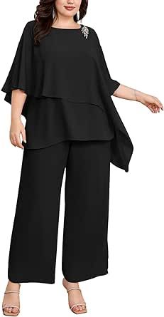 Hanna Nikole Plus Size Mother of Bride Pant Suits 2 Piece Chiffon Sets Ruffle Layers Wedding Guest Outfit Plus Size All Black Outfit Night, Pantsuits For Women Wedding, Mother Of The Bride Pants Outfit, Plus Size Pant Suits, Pant Suits For Women, Chiffon Pants, Flattering Outfits, Classy Prom Dresses, Pant Suits