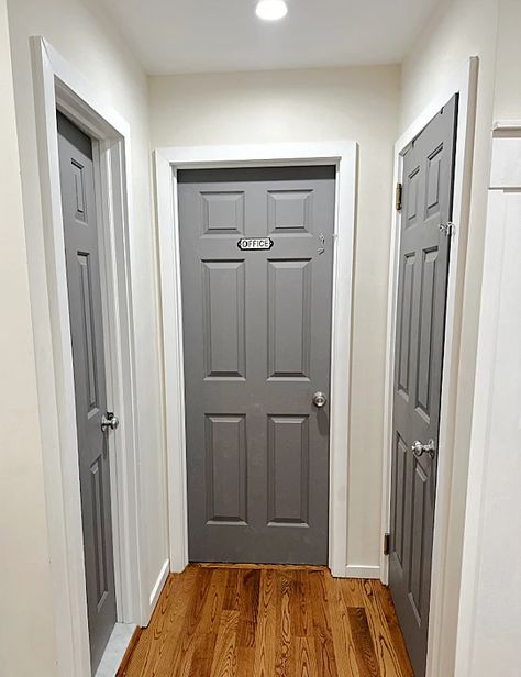 Painting Interior Doors Gray, Small House Interior Door Color, Doors Colors Interior Indoor, Paint Hallway Doors, Door Paint Colors Interior, Interior Doors Colors Ideas, Interior Door Painting Ideas, Bedroom Door Colors, Interior Door Paint Ideas