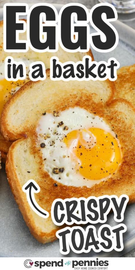 Looking for a quick breakfast fix, then this eggs in a basket recipe delivers eggs and toast at the same time. Also referred to as "eggs in a frame," this dish consists of frying an egg within a buttered bread slice. Enhance it with some oven-baked bacon or a slice of cheese. Simplify busy mornings by preparing multiple egg-in-a-hole breakfasts in one skillet! #spendwithpennies #eggsinabasket #egginabasketrecipe #egginahole Eggs In Basket Breakfast, Eggs On Toast Recipes, Egg In A Basket Recipe, Eggs In A Basket Oven, Onion Eggs Breakfast, Egg In A Hole Skillet, Eggs In A Hole Recipe, Bread With Egg In Middle, Toast With Egg In The Middle