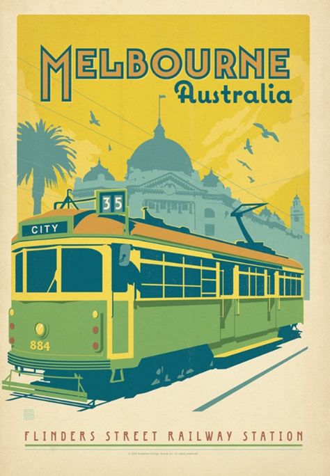 Vintage Poster - Melbourne Australia - Travel - Tram - Flinders Street Station - Transport Anderson Design Group, Melbourne Australia, Melbourne, Trees, Australia, Train, Building, Design, Art