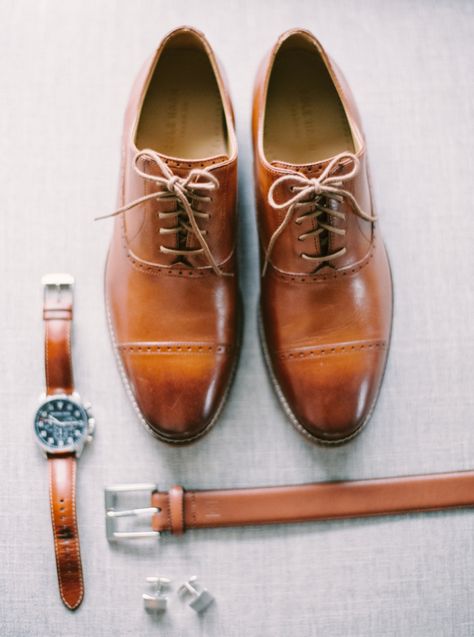 Brown leather groom's accessories: http://www.stylemepretty.com/2015/08/11/romantic-calgary-lake-house-wedding/ | Photography: Milton - http://milton-photography.com/ Lake House Wedding, Groom Accessories, Groom Shoes, Groom And Groomsmen Attire, Brown Dress Shoes, Leather Wedding, Brown Shoes, Groom Attire, Blush And Gold