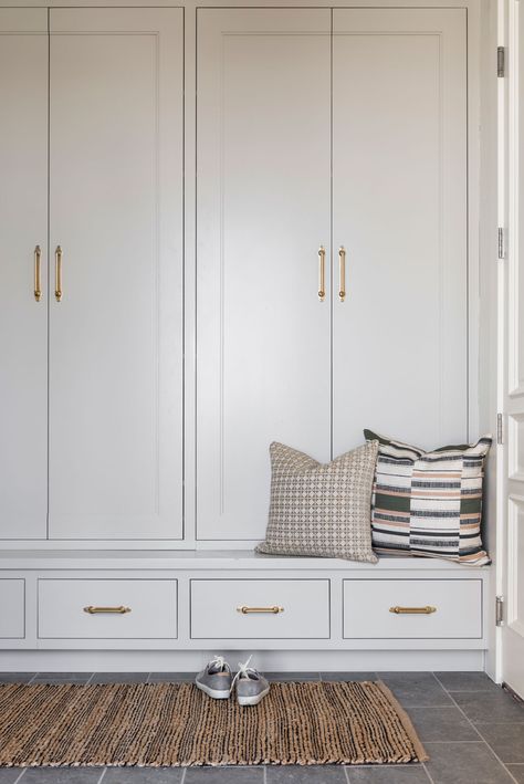 11 Beautiful + Functional Mudrooms - Studio McGee Mudroom White Cabinets, Front Entry Built In Storage, White Mudroom Lockers, Built In Entry Cabinet, White Mudroom Cabinets, Small Mudroom Layout, Drop Zone Built Ins, Mudroom Locker Organization, Hallway Storage Cabinet Built Ins