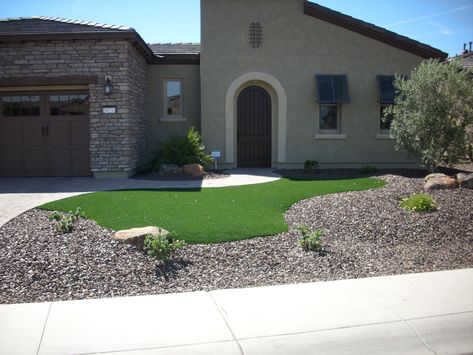 Front Yard Landscapes with Artificial Grass - Southwestern - Landscape - Phoenix - by SYNLawn | Houzz Artificial Grass And Rock Front Yard, Artificial Grass Front Yard Curb Appeal, Artificial Turf Front Yard Ideas, Fake Grass Front Yard Ideas, Front Yard Turf Landscaping Ideas, Artificial Turf Front Yard, Synthetic Grass Front Yard, Turf Front Yard, Rock Front Yard