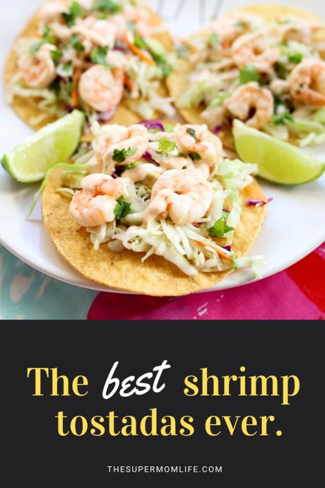 This incredible lime and cilantro shrimp tostada recipe is packed with flavor, kid friendly and perfect for any day of the year! Shrimp Tostada, Lentil Tacos Recipes, Tostada Recipe, Cilantro Shrimp, Shrimp Tostadas, Tostada Recipes, Zesty Sauce, Shrimp Scampi Recipe, Scampi Recipe