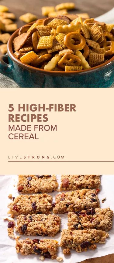 5 Cereal Snacks and Breakfast Recipes High in Fiber | Livestrong.com High Fibre Desserts, Banana Cereal, Homemade Chex Mix, High Fiber Cereal, High Fiber Snacks, Fiber Cereal, Fiber Snacks, Breakfast Bars Recipe, High Fiber Breakfast