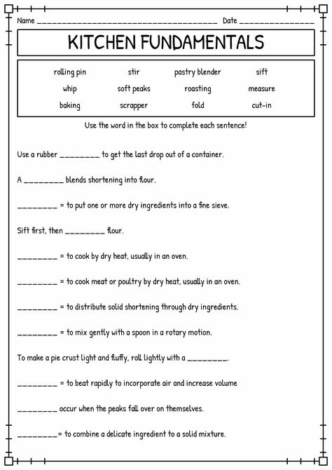 Cooking Vocabulary, Spanish Food Vocabulary, Fcs Classroom, Cooking Terms, Culinary Lessons, Life Skills Kids, 6th Grade Worksheets, Summer Themes, Vocabulary Exercises