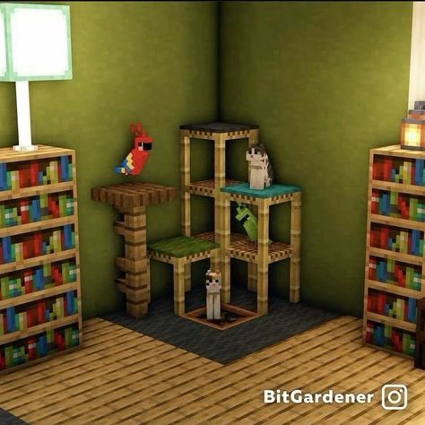 Shelves Minecraft Ideas, Minecraft Stairs Interior, Cat Stand Minecraft, Bird Room Minecraft, Cute Minecraft Closet, Minecraft Reading Corner, Minecraft Cat Post, Minecraft Crafting Area Ideas, Minecraft Plant Decor Ideas