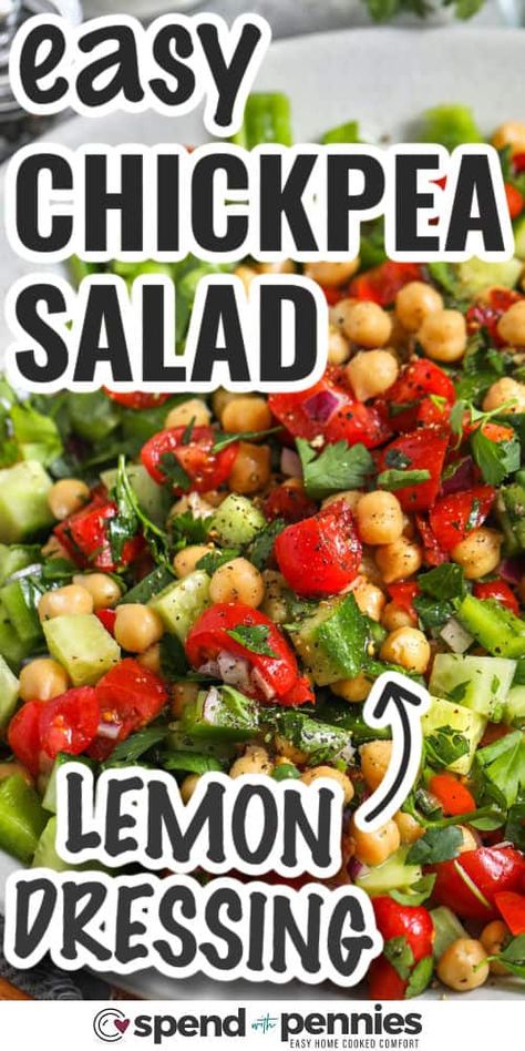 Chickpea Salad is a delicious and fresh summer salad! Chickpeas, juicy tomatoes, refreshing cucumbers, and creamy avocados are all tossed in an easy homemade lemon dressing. #spendwithpennies #chickpea #chickpeasalad #saladrecipe Cucumber Tomato Garbanzo Salad, Tomato Cucumber Chickpea Salad, Lemon Chickpea Salad, Summer Chickpea Salad, Chic Pea Salad Recipe Easy, Cucumber And Chickpea Salad, Chick Peas Salad Healthy, Chickpeas Salad Recipes, Salads With Cucumbers