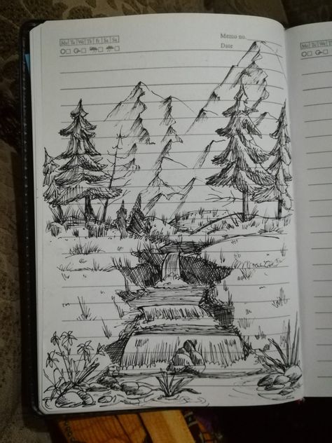 Woods Sketch Trees, Drawing Ideas For Nature, Sketch Of Landscape, Landscape Pencil Art, Landscape Ideas Art Drawing, Stone Pathway Drawing, Doodle Inspiration Sketchbooks, Nature Drawing Tutorial, Drawing Nature Ideas