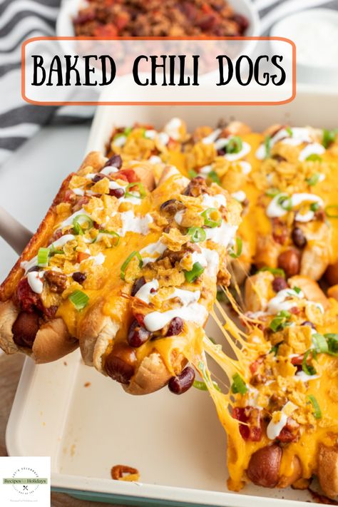 Baked Chili Dogs recipe from RecipesForHolidays.com #baked #chili #dogs #recipe #RecipesForHolidays Chill Dog Recipe, Baked Chili Dogs, Chili Dog Bake, Chill Dog, Chili Dog Chili Recipe, Baked Chili, Dinner Tomorrow, Chilly Dogs, Chili Dog