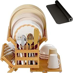 Greenual Bamboo Dish Drying Rack with Utensil Holder, 3 Tier Collapsible Dish Rack, Wooden Dish Racks for Kitchen Counter, Large Folding Drying Holder with Absorbent Dish Drying Mat Wooden Dish Rack, Racks For Kitchen, Bamboo Dishes, Kitchen Sink Storage, Sink Dish Rack, Wooden Dishes, Dish Drying Rack, Dish Rack, Sink Storage