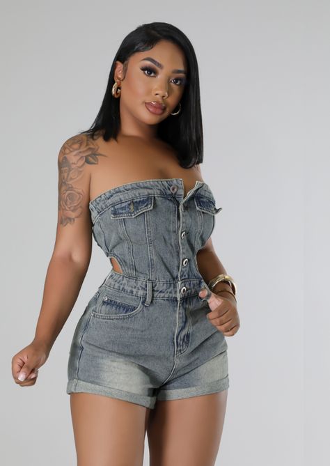 Denim Tube Top Romper - Small Jean Romper Outfit, Denim Romper Outfit, Romper Outfit Black, Tube Top Romper, Denim Tube Top, Romper Designs, Cute Birthday Outfits, Swag Outfits For Girls, Birthday Outfits