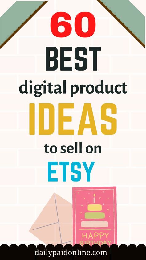 Find the best profitable digital product ideas to sell on Etsy such as DIY, crafts, prints, birthday cards and invitations, party banners, party decorations, workbooks, wedding signs, meal plans, printable items, envelopes, photo props, stationery, stickers, resume templates, selfie frames, shower invitations, party signs, clip art, coloring pages, craft patterns, digital papers, eBooks, embroidery patterns, cash envelopes, thank you card, sympathy card, flash card that make passive income. Quick Diy Crafts, Ideas To Sell On Etsy, Product Ideas To Sell, Money Making Apps, Selling Photos, Procreate Illustration, Jobs For Moms, Ideas To Sell, Diy Crafts Ideas