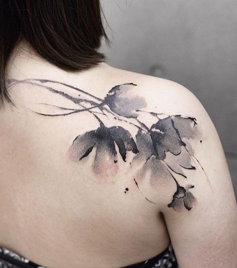 Chen Jie Newtattoo flower tattoo Nature Shoulder Tattoos For Women, Black Watercolor Tattoo, Abstract Flower Tattoos, Instagram Tattoos, Beautiful Flower Tattoos, Watercolor Designs, Leg Tattoo, Subtle Tattoos, Grey Tattoo