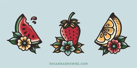 Watermelon Tattoo, Strawberry Tattoo, Fruit Tattoo, Traditional Tattoo Flowers, Traditional Tattoo Sleeve, Old School Tattoo Designs, Traditional Tattoo Art, Time Tattoos, School Tattoo