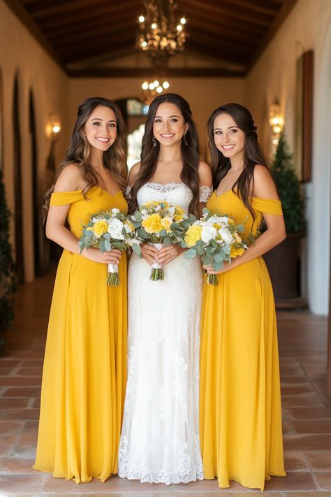 Planning a wedding and love yellow? Here are the top 24 yellow bridesmaid dresses for every style, from classic to modern. See how these stunning dresses can fit into your wedding theme perfectly! #YellowBridesmaids #BridalPartyLooks #WeddingInspiration Gold Yellow Bridesmaid Dresses, Sunflower Wedding Bridesmaid Dresses, Blue And Yellow Bridesmaids, Sunflower Yellow Bridesmaid Dresses, Wedding Yellow Color Schemes, Yellow And Navy Wedding, Wedding Colors Yellow, Bridesmaid Dresses Yellow, Pastel Bridal Bouquet