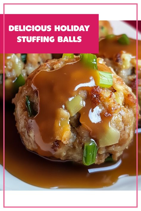 Add something extra special to your holiday dinner with these savory stuffing balls! Perfectly cooked, these flavorful bites mix your favorite herbs, spices, and breadcrumbs for a delightful side dish that's bound to impress your family and friends. They're super versatile—great for Thanksgiving or Christmas and could easily take center stage next to any roasted turkey or glazed ham. Dive into the rich flavors of these homemade stuffing balls and make holiday meals unforgettable. Give them a try and experience the festive magic! Stuffing Balls With Cranberries, Best Stuffing Balls, Traditional Stuffing For Turkey, Stuffing For Thanksgiving Dinner, Savory Stuffing Balls, Stuffing Turkey Balls, Small Batch Thanksgiving Stuffing, Different Thanksgiving Food Ideas, Stuffing Meatballs Thanksgiving