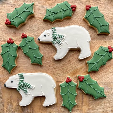 Polar Bear Royal Icing Cookies, Holly Sugar Cookies Decorated, Polar Bear Sugar Cookies, Woodland Christmas Cookies, Christmas Bear Cookies, Polar Bear Cookies Decorated, Leaf Sugar Cookies Decorated, Bear Cookies Decorated, Holly Cookies