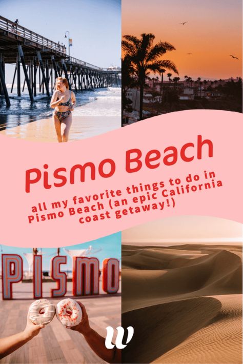 Heading to Pismo Beach in SLO? The cutest beach town in California! From sand dunes to seafood, kayaking and beach days, this is exactly what to do in Pismo Beach for an epic weekend trip! Start by hitting up Downtown to visit the Pismo Beach Pier after breakfast. Go ocean kayaking sea caves or hike around Morro Rock. Eat seafood, go wine tasting, or just spend the day Pismo Beach soaking up sunshine & eating clam chowder! End it with sunset at the Pismo Dunes. #pismo #california #sanluisobispo Beach Itinerary, Ocean Kayaking, Pch Road Trip, California Places To Visit, Pacific Coast Road Trip, Pismo Beach California, Avila Beach, Travel California, Beach Pier