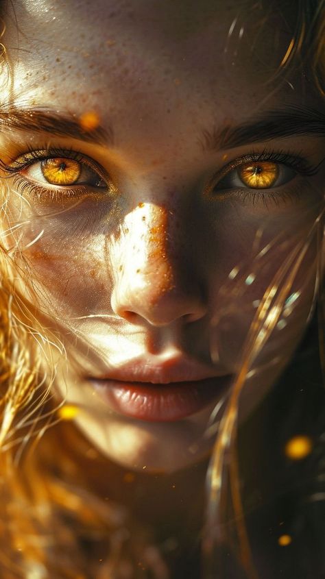 Light Reference Photography, Golden Eyes Aesthetic, Golden Eyes Art, Yellow Eyes Aesthetic, Ethereal Face, Woman Eyes, Halloween Nail Ideas, Lion Eyes, Gold Magic