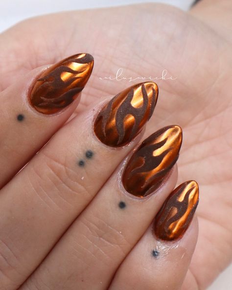 The only time a brown and orange combo works🍊 . . #nails #nailusa #nailart #naildesign #nailsofinstagram #naildesigns #nailsoftheday #naildesignsideas #gel #gelnails #raleigh #durham #nailinspo #raleighnailtech #ncnails #raleighnails #raleighnailtech #trend #trendynails #BIAB #springnails #BIABnails #summernails #naturalnails #raleighgelx #gelx #gelxnails #fallnails Copper Nails Acrylic, Amber Nails Design, Auburn Nails, Disney Inspired Tattoos, Copper Nails, Brown And Orange, Disney Inspired, Nail Tech, Trendy Nails