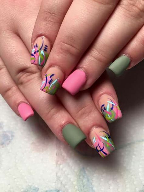 Army green and pink Olive And Pink Nails, Army Green And Pink Nails, Aka Nails, Nails March, Summer Acrylic, Heart Nail Designs, Hot Pink Nails, Heart Nail, Summer Acrylic Nails