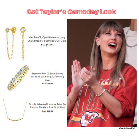 jewelry, necklaces, earrings, taylor swift, football, game inspo, red sweater, bracelets Taylor Swift Accessories, Taylor Swift Jewelry, New Year Jewelry, Prom Tiaras, Prom Accessories, Wedding Party Jewelry, Cubic Zirconia Jewelry, Expensive Jewelry, Jewelry Style