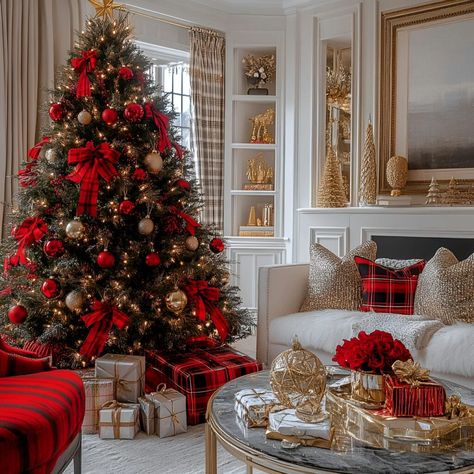 A stunning Christmas tree with red plaid, velvet ribbons, and gold ornaments to add holiday luxury. Christmas Tree Ideas Gold And Red, Christmas Tree Ideas Gold, Red Plaid Christmas Tree, Red Christmas Trees, Red Plaid Christmas, Red And Gold Christmas, Plaid Christmas Tree, Red Christmas Tree, Gold Ornaments