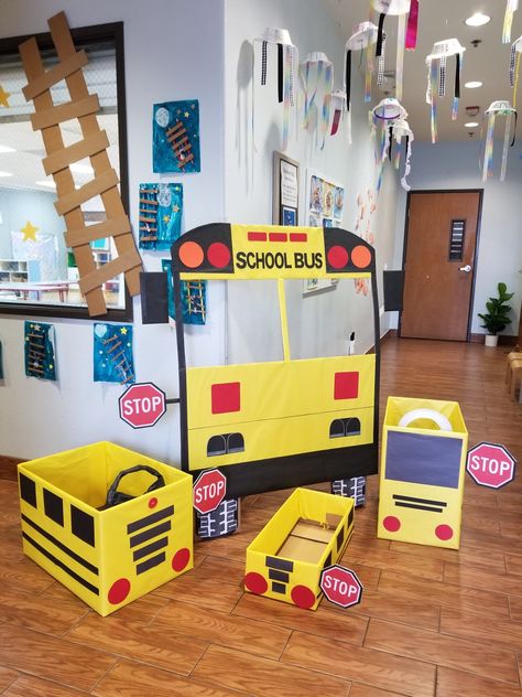 Transportation Dramatic Corner, How To Make A School Bus Out Of Boxes, Bus Dramatic Play, School Bus Out Of Cardboard Boxes, School Bus Cardboard Diy, Transport Theme Classroom Decoration, School Bus Dramatic Play, Things That Go Preschool Activities, School Bus Box Diy