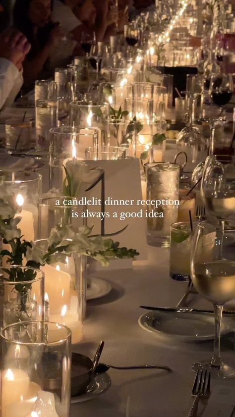 Candlelit Dinner Wedding, Candlescapes Wedding, Wedding With Lots Of Candles, Light Decorations For Party, Wedding Ideas Candles, Candle Only Centerpieces Wedding, Candle Lit Wedding Reception Romantic, Candle Reception Decor, Reception Candle Centerpieces