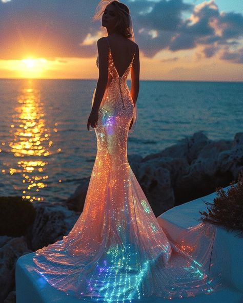 ✨Holographic dresses that glow in the dark for mermaid-inspired brides would add a captivating and ethereal touch to wedding aesthetics.… | Instagram 3d Edit, Holographic Dress, Holographic Material, Holographic Fabric, Wedding Aesthetics, Dark Dress, Dinner Dress Classy, Nature Dress, Mermaid Inspired