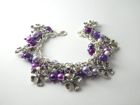 Purple Silver Flower Charm Bracelet  Violet by BitsAndBojangles Red Stone Bracelet, Music Bracelet, Chunky Charm Bracelet, Flower Charm Bracelet, Handmade Charm Bracelets, Beaded Charm Bracelet, Valentines Bracelets, Cluster Bracelet, Red Beaded Bracelet