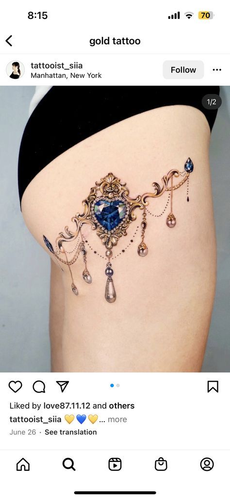 Ryan Ashley Tattoo Designs, Dangle Tattoo, Diamond Tattoo Designs For Women, Bejeweled Tattoo, Jewel Tattoo Gem, Pandora Tattoo, Bead Tattoo, Jewel Tattoos, Jewellery Tattoo