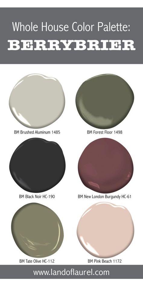 Whole House Color Palette: Berrybrier – Land of Laurel Black Home Color Palette, Home Color Schemes With Black, Green Whole House Color Scheme, Moody House Color Palette, Moody Kitchen Color Palettes, Detention Room, Color Scheme With Black, White Walls White Trim, Victorian Homestead