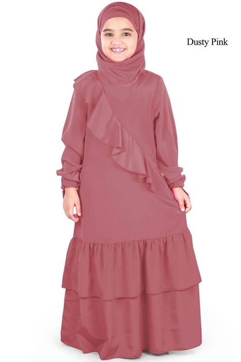 crepe kids abaya Children Abaya Style, Muslim Kids Fashion, Kids Abaya, Purple Plain, Kaftan Pattern, Layer Cut, Pink Plain, Abaya Style, Formal Occasion Dress