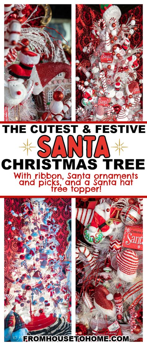 The festive and adorable holiday centerpiece: a Santa Christmas tree! Santa Claus Themed Christmas Trees, Santa Tree Topper Ideas, Santa Claus Tree Theme, Santa Christmas Tree Theme, Santa Tree Ideas, Santa Themed Christmas Tree, Santa Hat Tree Topper, Red And White Decorations, Christmas Pictures With Lights