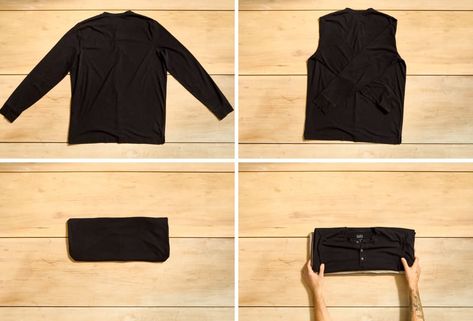 grid with 4 steps on How to Fold a Long-Sleeve Shirt Horizontally Fold Long Sleeve Shirts To Save Space, How To Roll Long Sleeve Shirts, Folding Long Sleeve Shirts To Save Space, How To Fold Shirts To Save Space, Folding Long Sleeve Shirts, How To Fold Long Sleeve Shirts, Fold Long Sleeve Shirts, Fold A T Shirt, Shirt Folding Trick