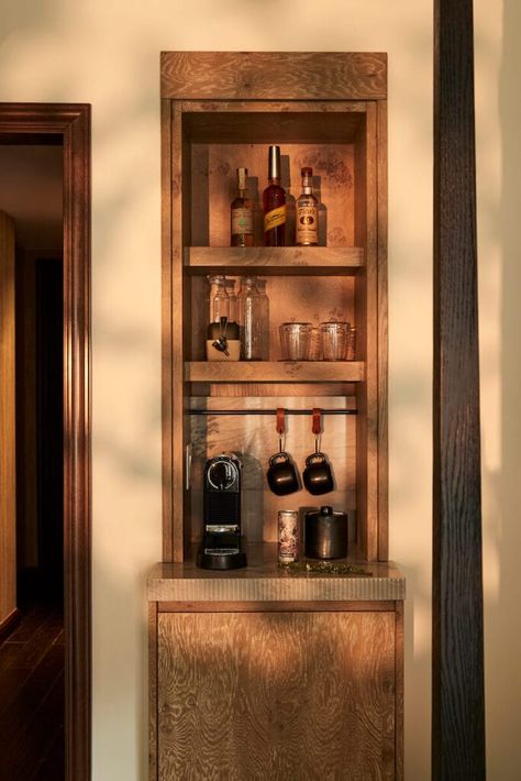 Luxury Rooms & Residence Galleries - Madeline Mini Bar Hotel Design, Dining Room Millwork, Hotel Minibar Design, Built In Mini Bar, Luxury Hotel Coffee Station, Mini Bar Hotel, Hotel Room Mini Bar, Stone Bar Shelves, Dining Room Built In Bar