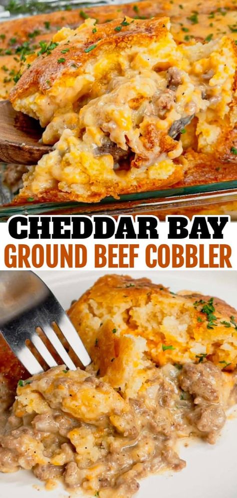 Cheddar Bay Ground Beef Cobbler is a hearty casserole recipe with a creamy and cheesy ground beef base and a Red Lobster Cheddar Bay Biscuit topping. Casseroles Using Hamburger, Hamburger Cornbread Recipes, Cheddar Bay Ground Beef Cobbler, Cheddar Bay Pizza, Non Red Meat Dinner Ideas, Dinner Recipes Southern Meals, Fall Meals With Ground Beef, Ground Beef Boursin, Crockpot Ideas With Ground Beef