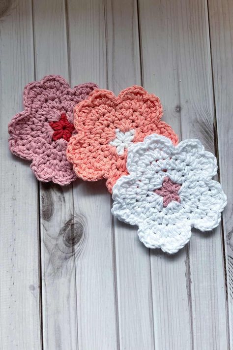 Crochet Flower Coaster Pattern - Cherry Blossoms - thecaffeinatedsnail.com Crochet Flower Coaster Pattern, Flower Coaster Pattern, Crochet Flower Coaster, Blossom Crochet, Quick Projects, Flower Coaster, Coaster Pattern, Crochet Coasters, Spring Is Here