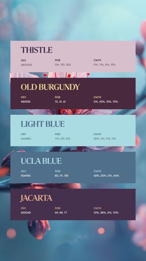 Colors:
D8C0CB
48293D
AADBE3
506F8A
45304D Violet Pallet Color, Coloring Pallets, Color Gradients, Skintone Palettes, Gradient Color Palette, Blue And Purple Color Palette, Hex Code Color Palette, Instagram Color Palette, Pallete Color