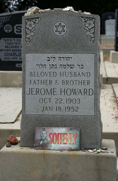 Grave Marker- Jerome Lester "Jerry" Horwitz - Better known by his stage name Curly Howard, was an American comedian and vaudevillian actor. He was best known as the most outrageous member of the American slapstick comedy team The Three Stooges, which also featured his older brothers Moe Howard and Shemp Howard and actor Larry Fine.: Moe Howard, Famous Tombstones, Cemetery Monuments, Cemetery Headstones, Famous Graves, The Stooges, Challenge Games, Three Stooges, The Three Stooges