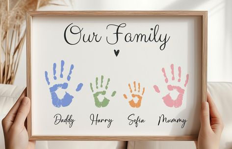 Personalised Family handprints - Pick the handprint colour for each family member (choose from image 2) PERSONALISE EVERYTHING - your choice of 9 colour handprints to create the perfect unique combination for your child's nursery or bedroom. HIGH QUALITY PRINTS - using state of the art printing for colours that pop.  Printed on 300gsm card with a Satin finish for a five-star look and lasting durability. READY TO FRAME - your prints will arrive unframed. This allows you to choose the perfect fram Family Canvas Art Ideas, The Glue That Holds The Family Together, Handprint Canvas, Canvas Hand Print Ideas, Hand Print Family Art, Family Hand Print Art, Family Hand Canvas Painting, Family Handprint Art Canvas, Family Handprint Art