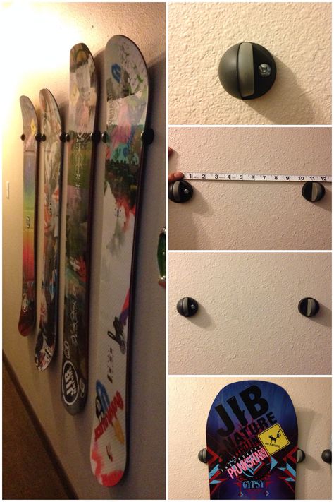 Use door stops to mount your snowboard collection on a wall. An easy, cheap and sturdy way to display a collection. 1. Make sure to buy the floor mount style stopper. You'll need two per board. 2. Measure the waist and nose width of your boards and note where the average is. Most boards noses are larger than 11" while their waists are narrower. 3. Drill holes that are level for each stopper and mount to wall with hardware. Mounting or dismounting a board is as easy as sliding it up or down Snowboard Storage, Board Organization, Gear Room, Snowboard Racks, Ski Rack, Summer Vacation Spots, Ski Storage, Diy Display, Storage Wall