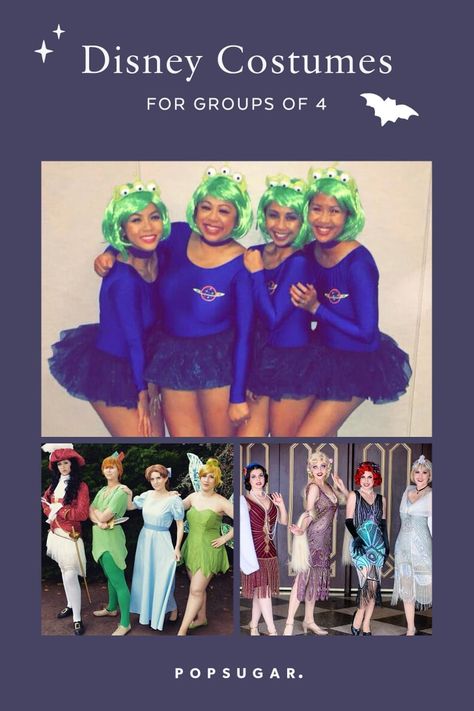 Party of 4? These DIY Disney Halloween Costumes Are Perfect For Foursomes — and So Creative! Group Of 3 Disney Costumes, 5 People Disney Costumes, Pixar Group Costume, 4 Person Disney Costumes, Disney Group Of 4 Costumes, Group Disney Costumes, Adult Disney Costumes Diy, Disney Villain Costume Diy, Disney Group Costumes 6 People