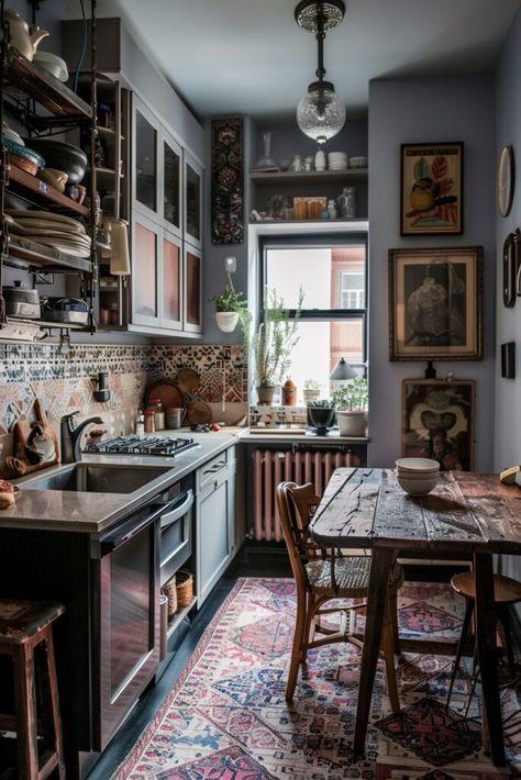 Boho Kitchen Apartment, Dark Boho Kitchen, Eccentric Interior Design, Eccentric Kitchen, Unique Decor Ideas, Kitchen Cozy, Boho Kitchen Ideas, Rainbow Kitchen, Dark Boho