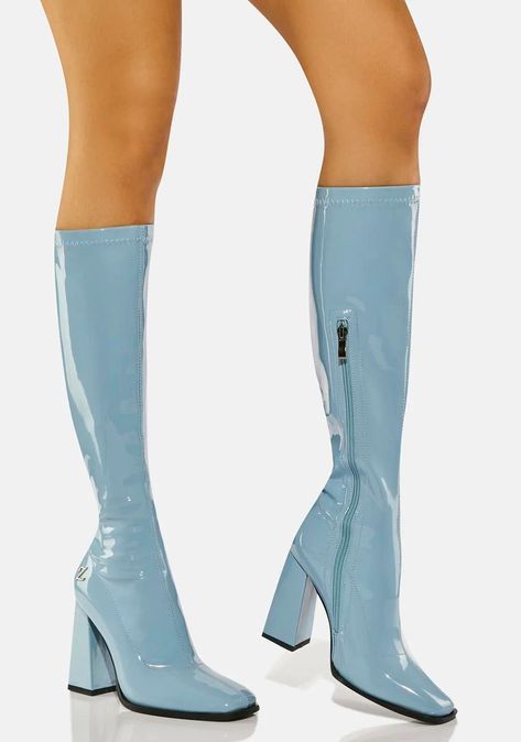 Dresses Two Piece, Calf High Boots, Fab Shoes, Blue Boots, Blue Vinyl, How To Stretch Boots, Icy Blue, Toe Designs, Two Piece Sets