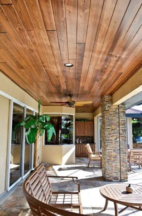 Cypress Porch Ceiling, Wood Ceiling Porch, Modern Lanai, Front Balcony Design, Covered Entryway, Backyard Hangout, Wooden Ceiling Design, Screened Porches, Tongue And Groove Ceiling