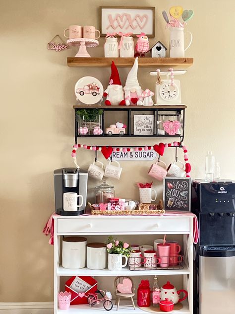 Valentine’s Day Coffee Bar Decor, Valentine's Coffee Bar, Coffee Bar Ideas Valentines Day, Valentine's Day Coffee Bar, Valentines Buffet Decor, Valentines Coffee Bar Decor, Valentines Day Coffee Bar Decor, Valentine Coffee Bar Ideas, Drink Bar Ideas Home