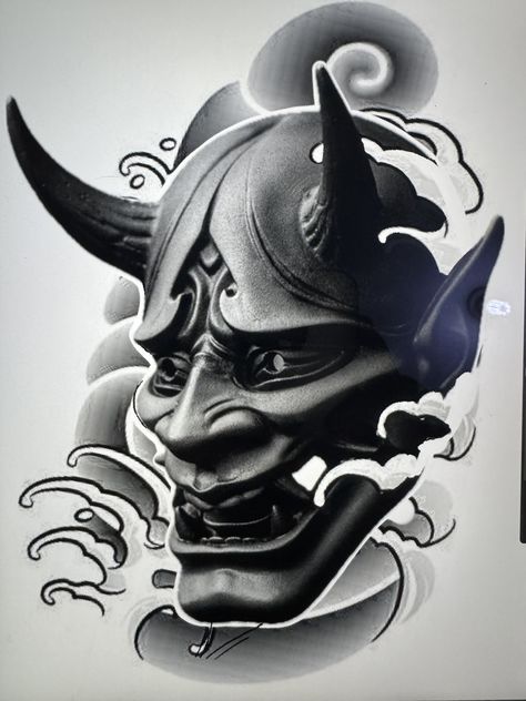 Black Hanya Mask Tattoo, Kabuki Tattoo, Hanya Mask Tattoo Design, Hannya Mask Tattoo Design, Satanic Tattoo Design, Mascara Hannya, Hanya Mask Tattoo, Tato Realis, Mascara Oni